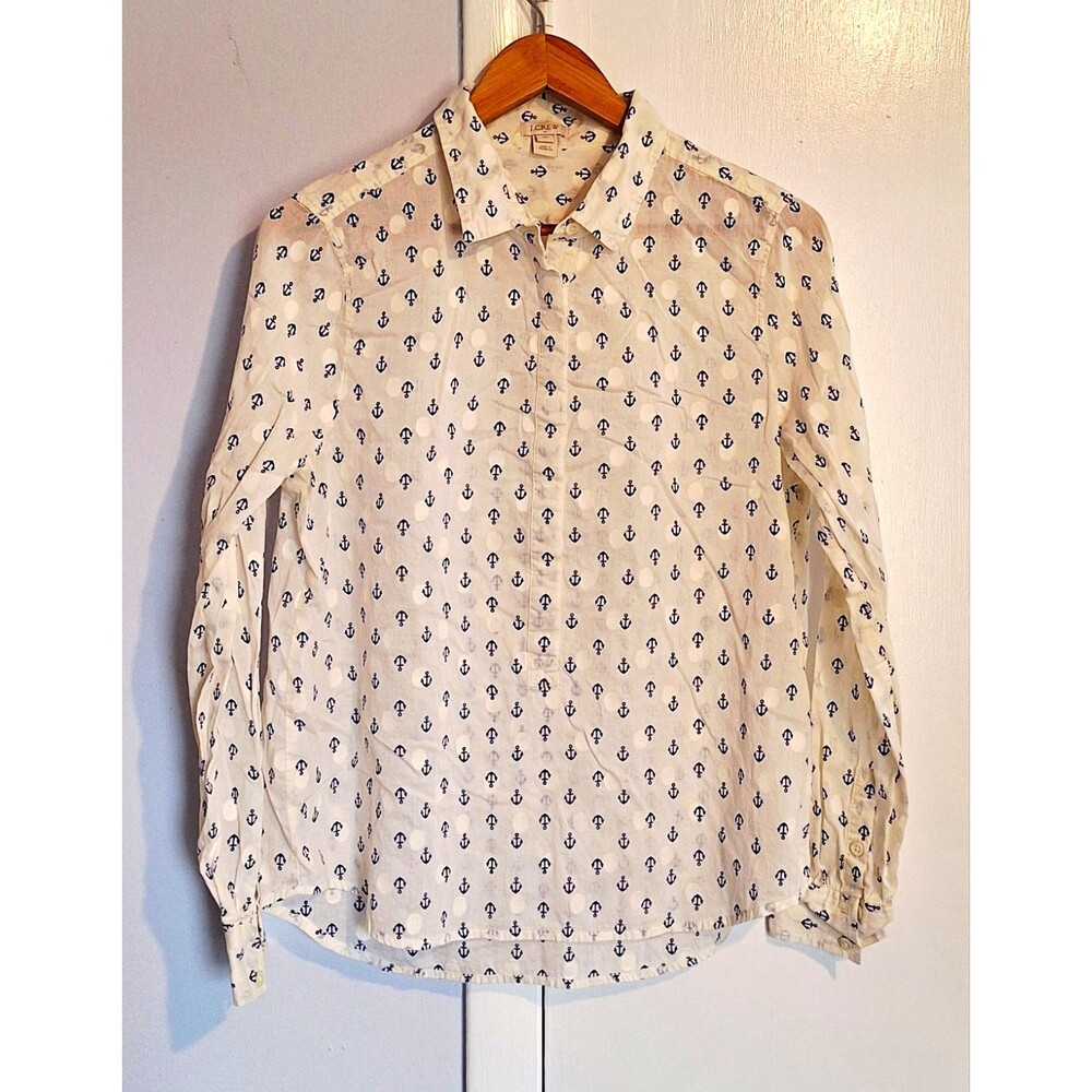J.CREW Women's White Blue Anchor Nautical 1/2 Buttoned Pullover Cotton Size Med